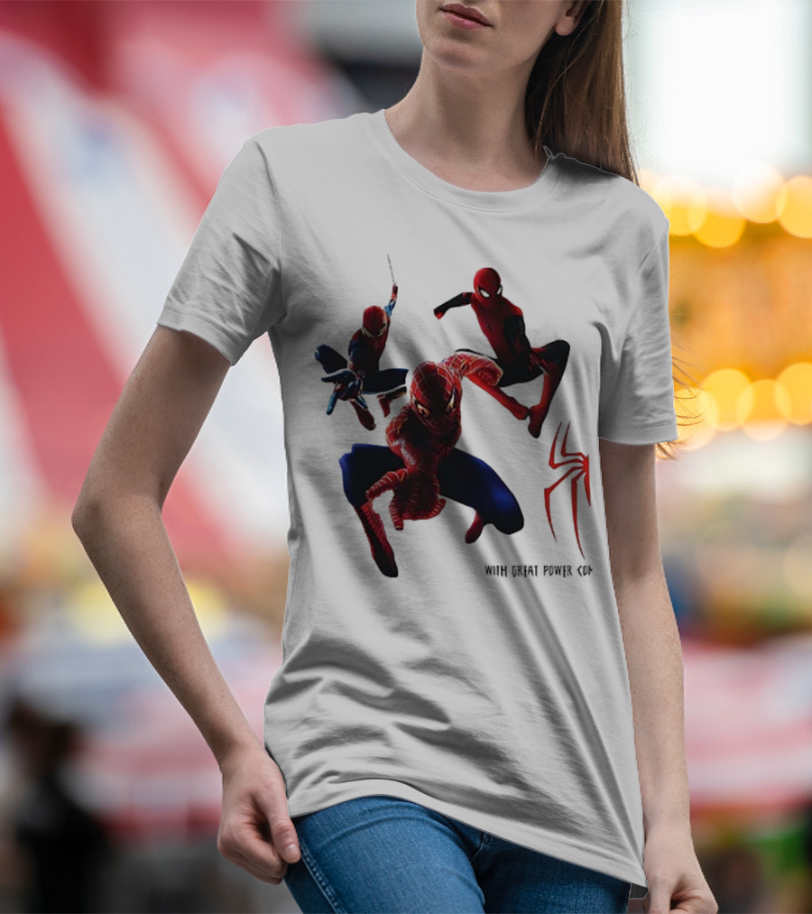 Spider Man Daily Bugle With Great Power Comes Great Responsibility Spider Logo Trio Suit Styles T-Shirt