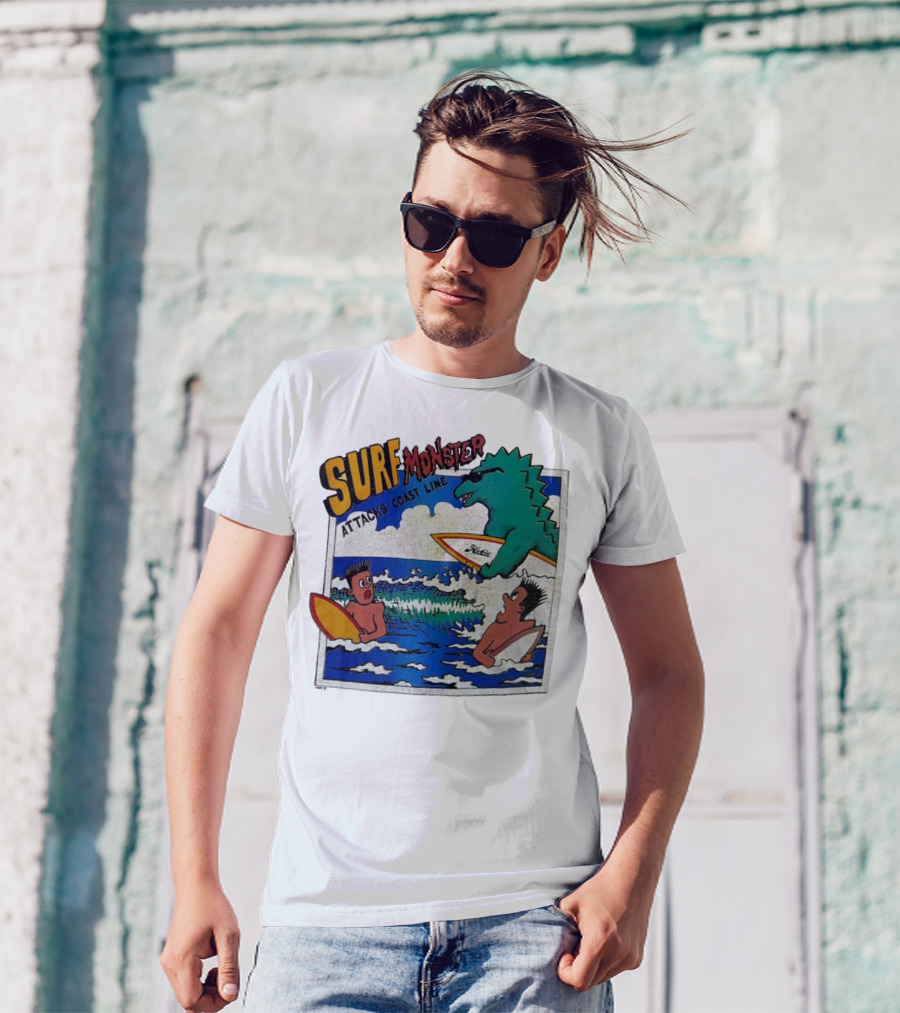 Surf Monster Attacks Coast Line Retro Comic Style Surfing Scene T-Shirt