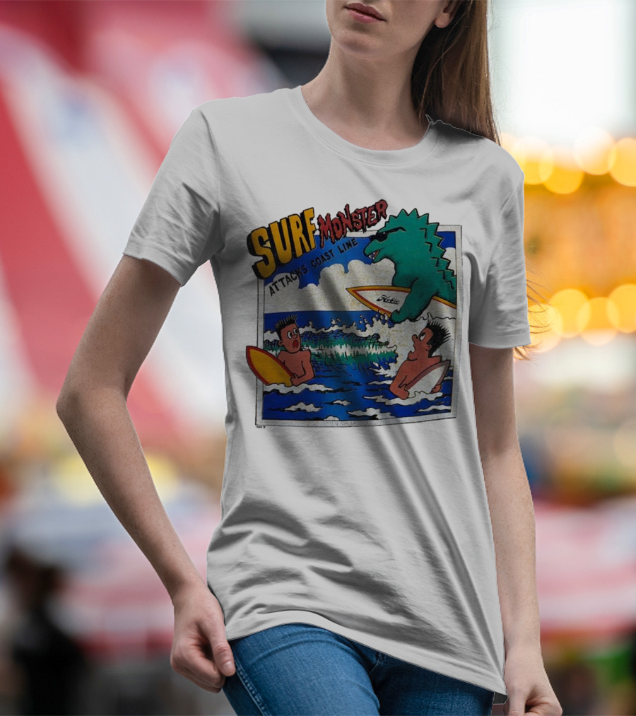 Surf Monster Attacks Coast Line Retro Comic Style Surfing Scene T-Shirt
