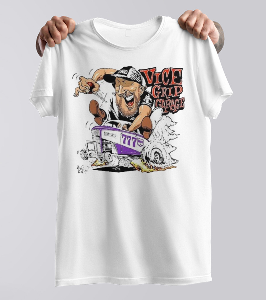 Vice Grip Garage 777 Cartoon Hot Rod Illustration With Bearded Driver And Smoking Tires T-Shirt