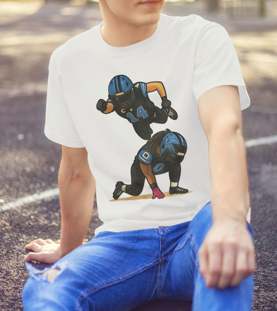 Amon Ra St. Brown Jahmyr Gibbs 14 00 Blue Black Football Celebration T-Shirt