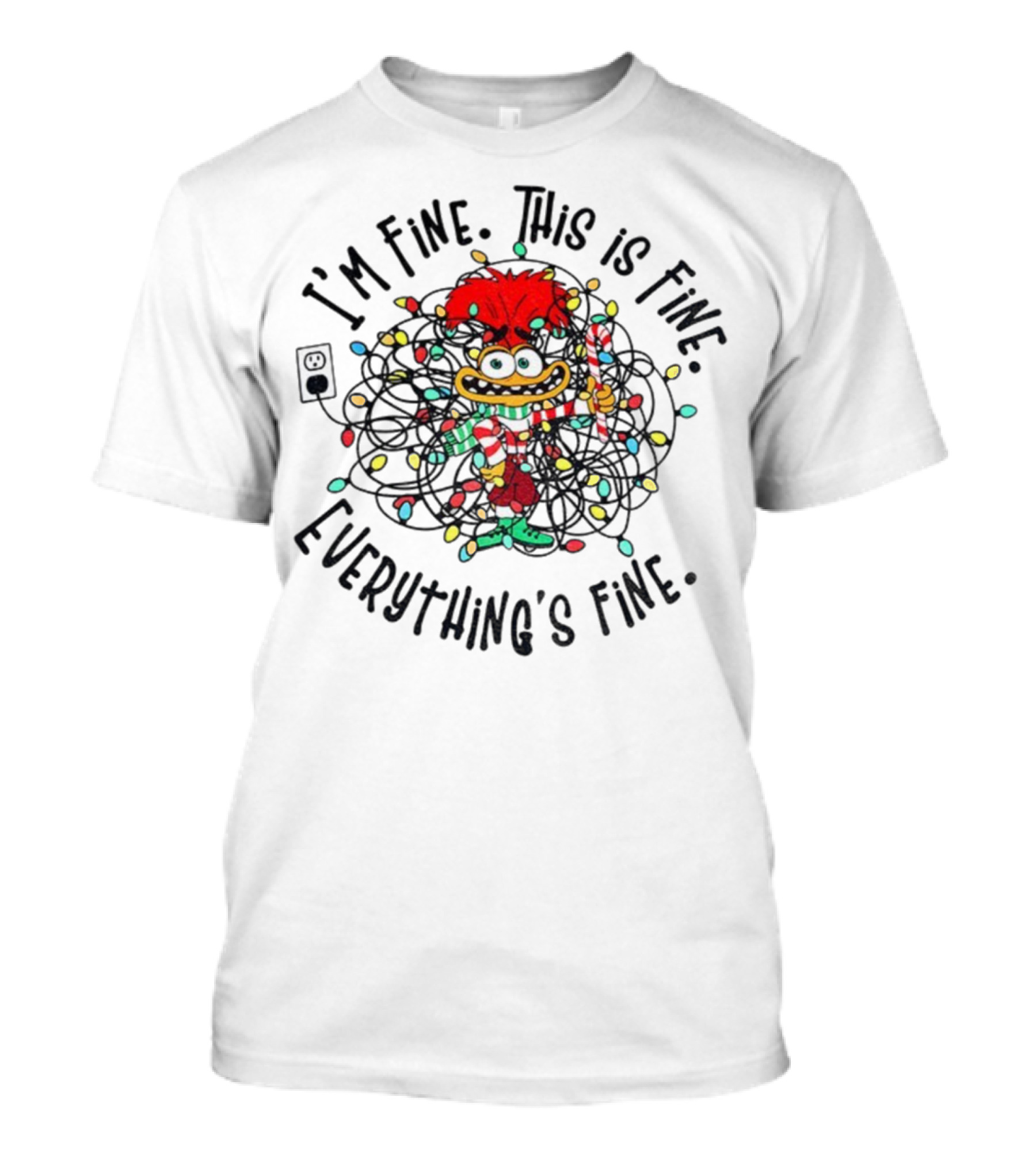 I'm Fine This Is Fine Everything's Fine Anxiety Inside Out 2 Holiday Lights Candy Cane T-Shirt