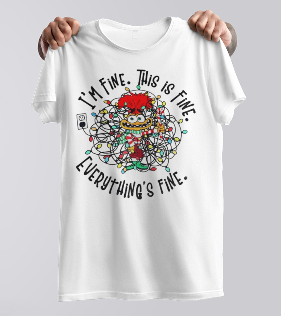 I'm Fine This Is Fine Everything's Fine Anxiety Inside Out 2 Holiday Lights Candy Cane T-Shirt