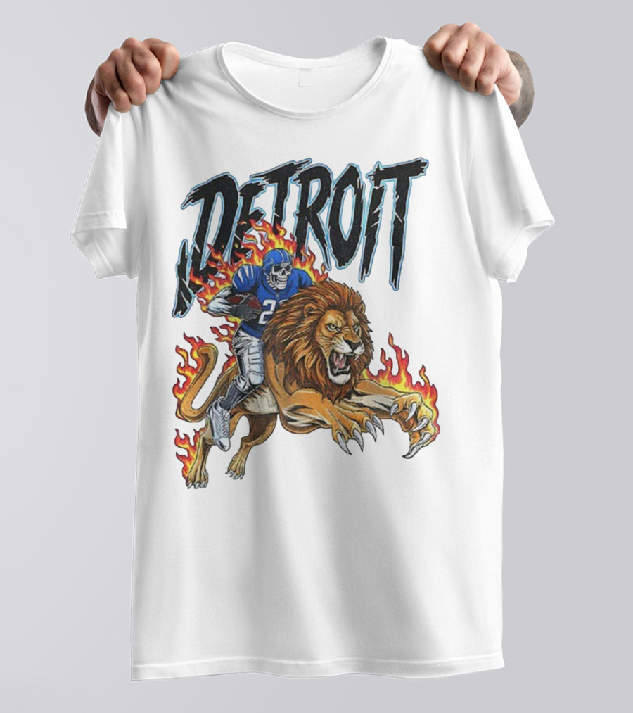 Detroit Lions Vintage Skeleton Riding Flaming Lion Football Game Day T-Shirt