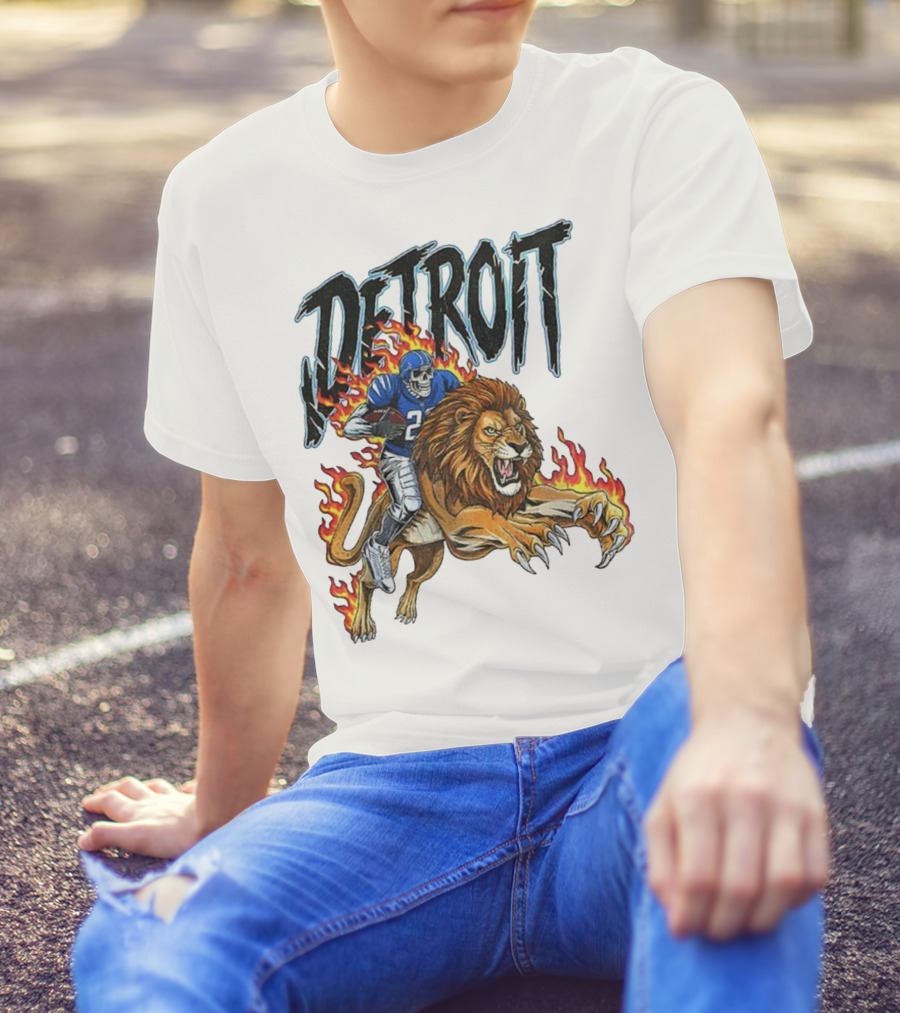 Detroit Lions Vintage Skeleton Riding Flaming Lion Football Game Day T-Shirt