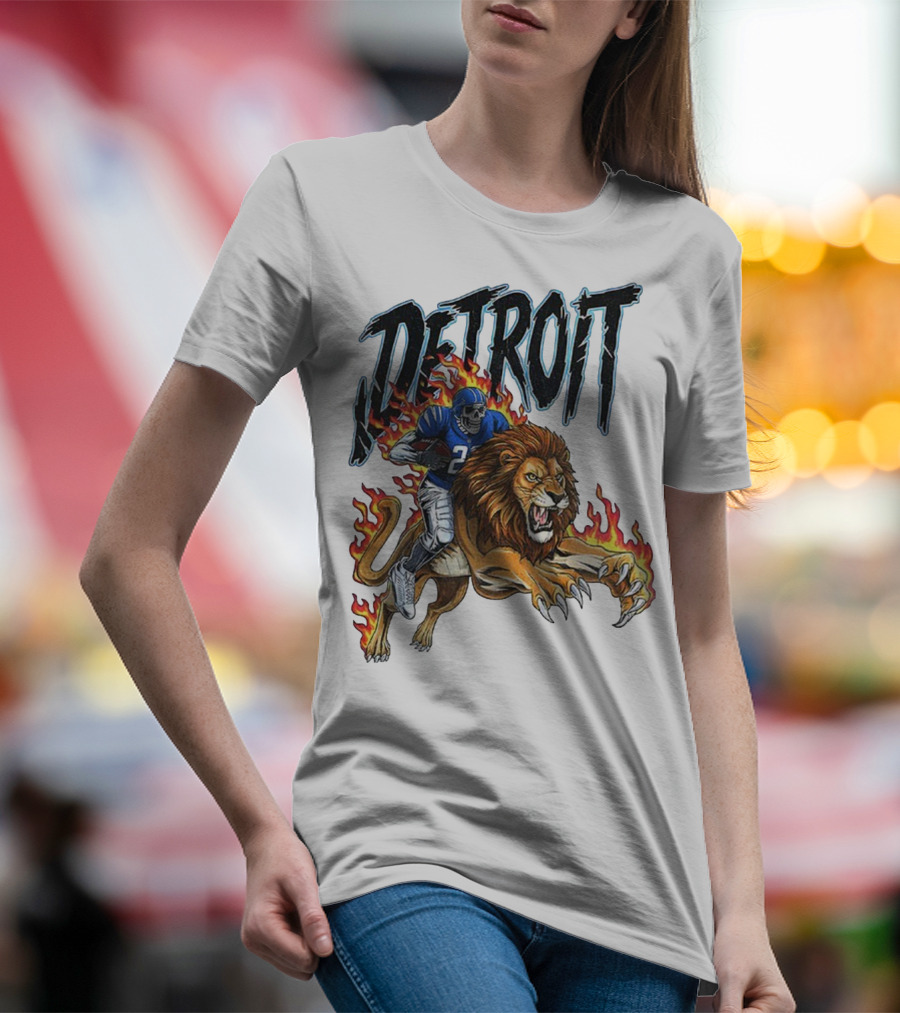 Detroit Lions Vintage Skeleton Riding Flaming Lion Football Game Day T-Shirt