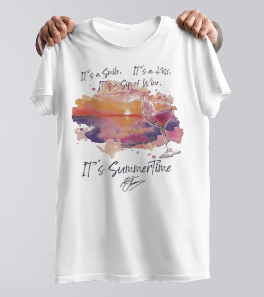Kenny Chesney It's A Smile It's A Lie It's A Sip Of Wine It's Summertime Flowy Sunset Wine Glass T-Shirt