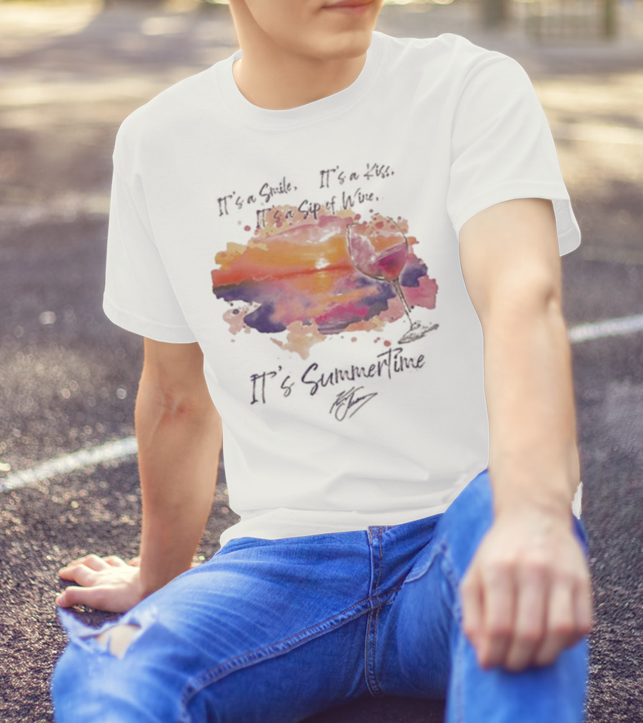 Kenny Chesney It's A Smile It's A Lie It's A Sip Of Wine It's Summertime Flowy Sunset Wine Glass T-Shirt