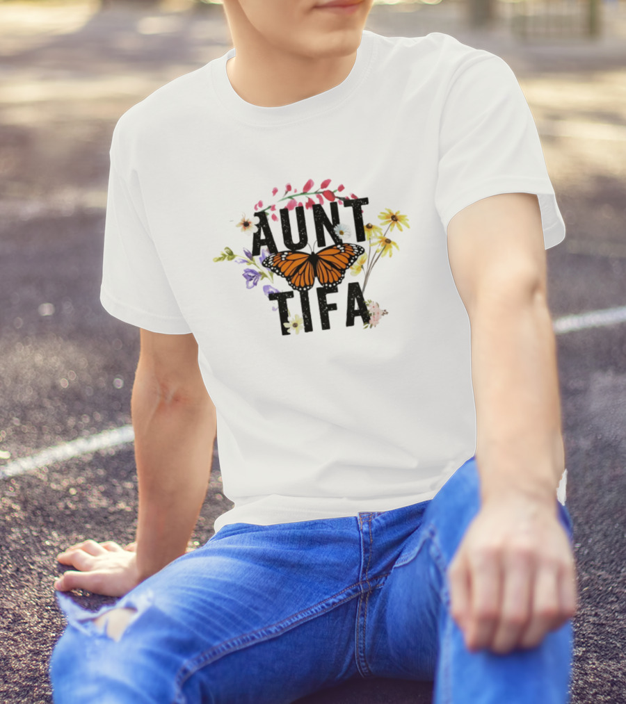 Aunt Tifa Monarch Butterfly Floral Aunties Against Fascists T-Shirt