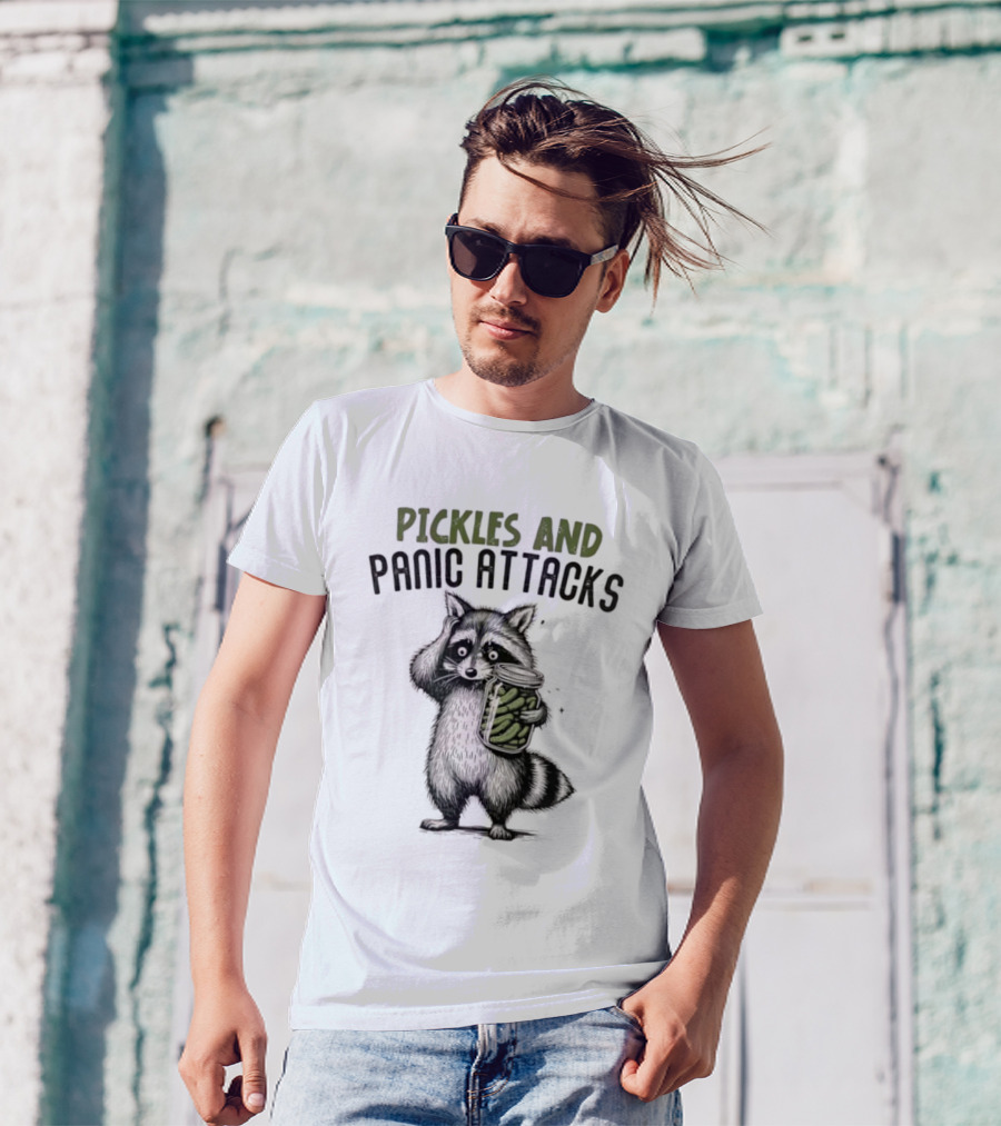 Pickles And Panic Attacks Raccoon Holding Jar Retro Mental Health Awareness T-Shirt