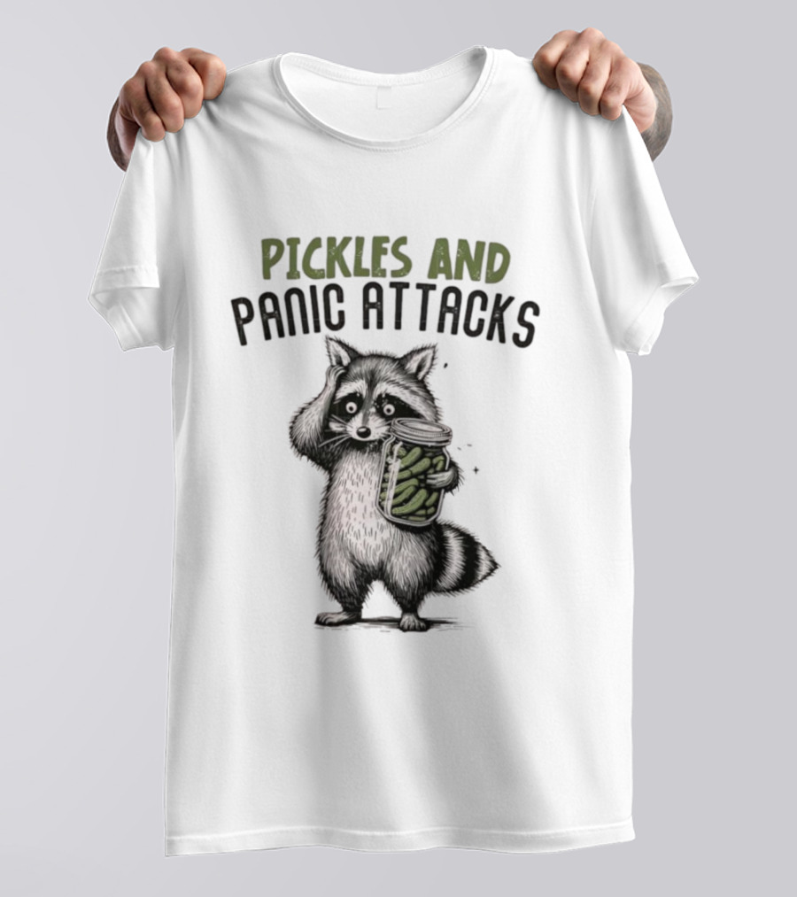 Pickles And Panic Attacks Raccoon Holding Jar Retro Mental Health Awareness T-Shirt