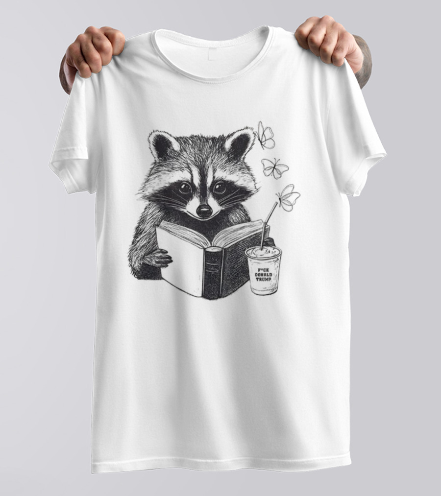 Raccoon Reading Book Coffee Cup Cozy Subtle Anti-Trump T-Shirt