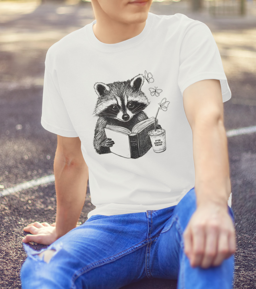 Raccoon Reading Book Coffee Cup Cozy Subtle Anti-Trump T-Shirt