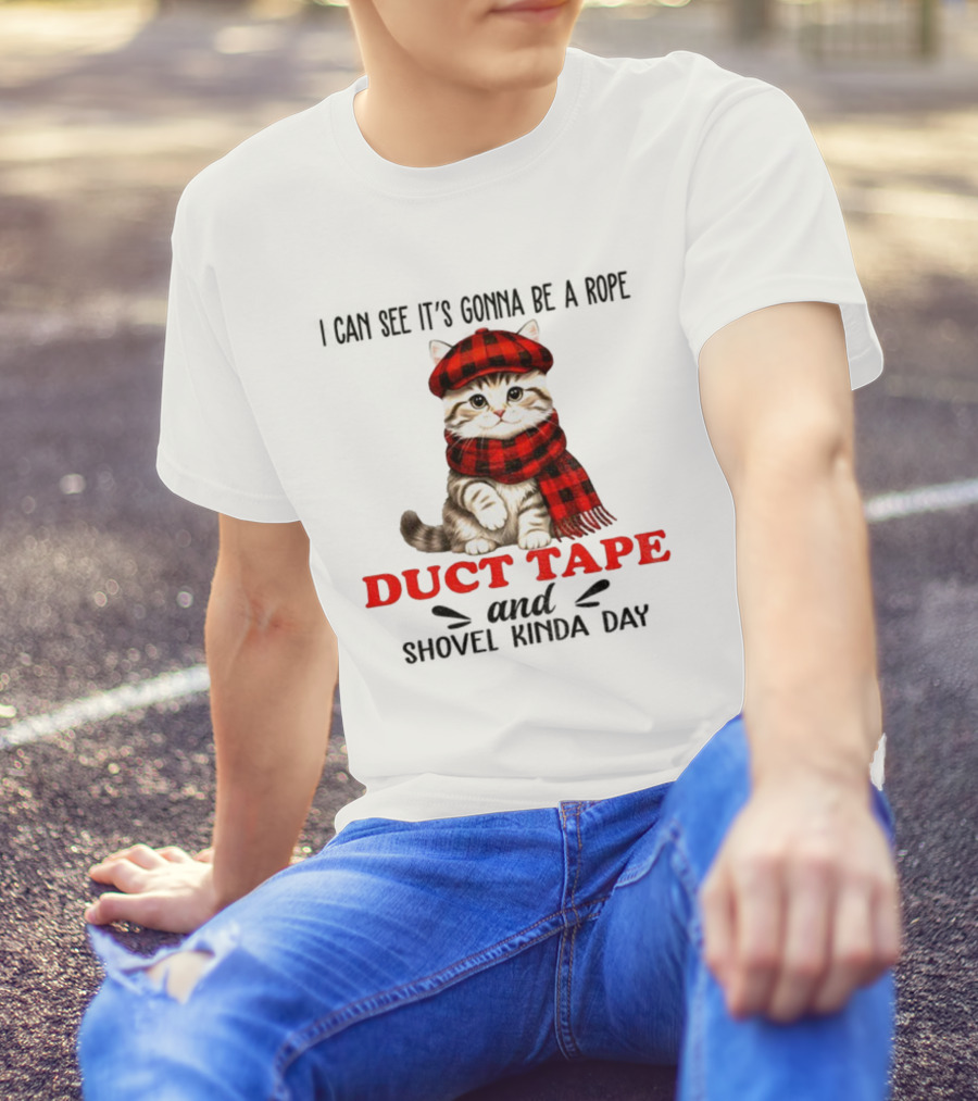 Cat In Red Plaid Hat Duct Tape Christmas T-Shirt