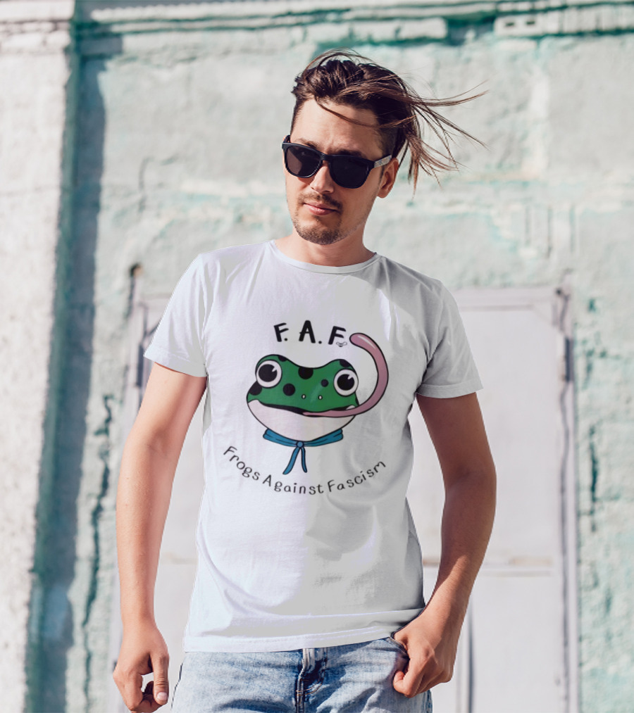 F.A.F Frogs Against Fascism Playful Green Frog With Tongue And Blue Scarf T-Shirt