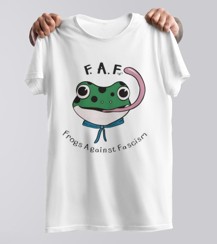 F.A.F Frogs Against Fascism Playful Green Frog With Tongue And Blue Scarf T-Shirt