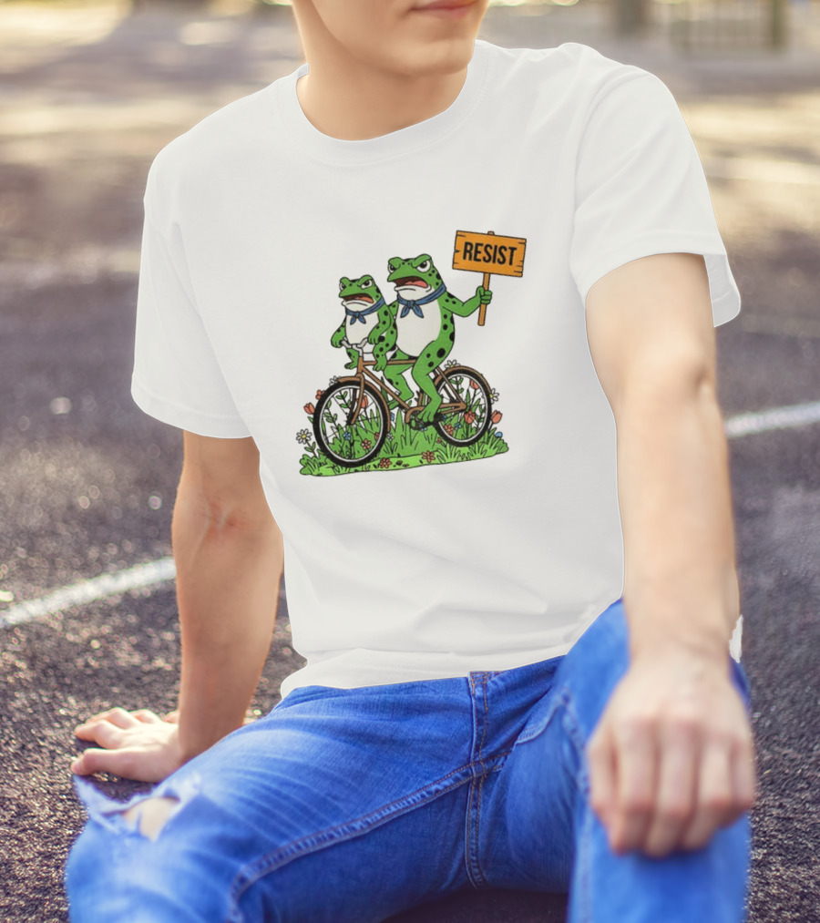 Frog On Bike Resist Protest Sign Portland Garden Scene T-Shirt