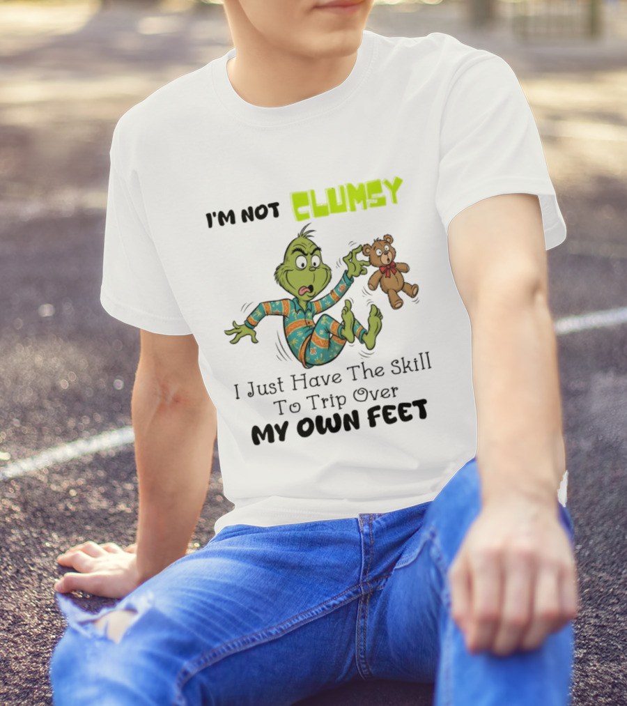 Grinch Clumsy Trip Over My Own Feet Christmas Pajamas Bear T-Shirt