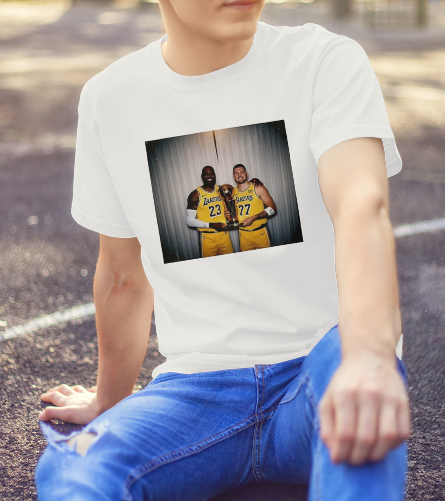 Los Angeles Lakers LeBron James Luka Dončić Holding Trophy June 2026 T-Shirt