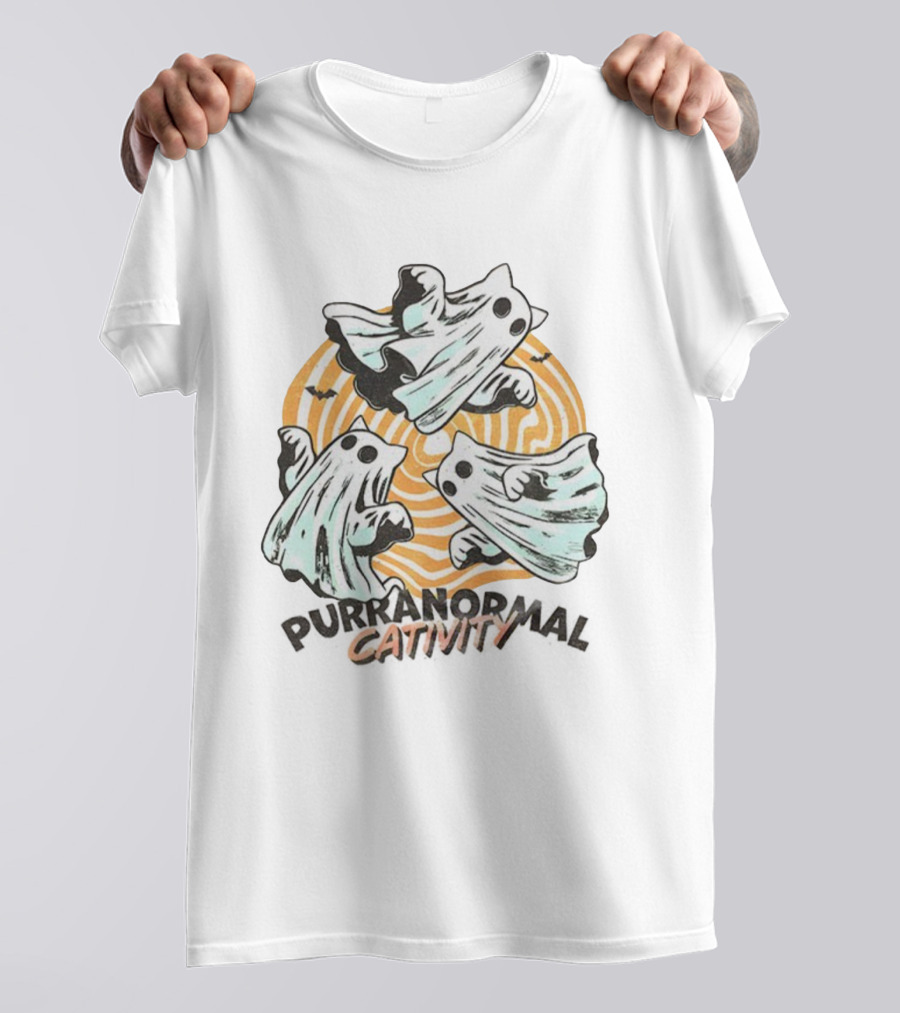 Purranormal Cativity Ghost Cat Halloween Bats Swirl Maze T-Shirt