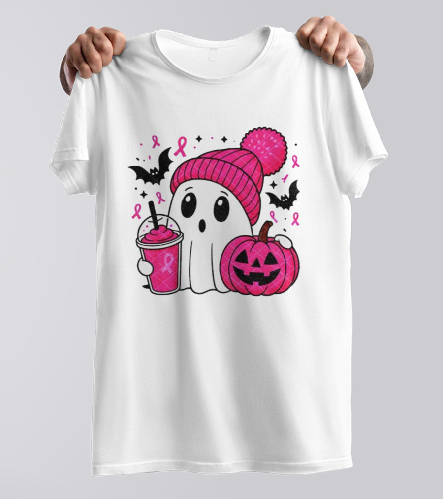 Spooky Ghost Pink Pumpkin Breast Cancer Awareness With Ribbon In October We Wear Pink T-Shirt