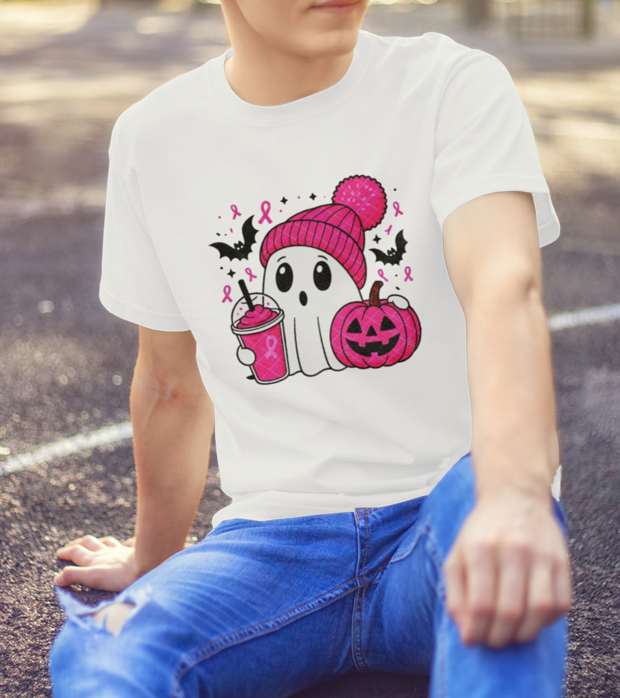 Spooky Ghost Pink Pumpkin Breast Cancer Awareness With Ribbon In October We Wear Pink T-Shirt