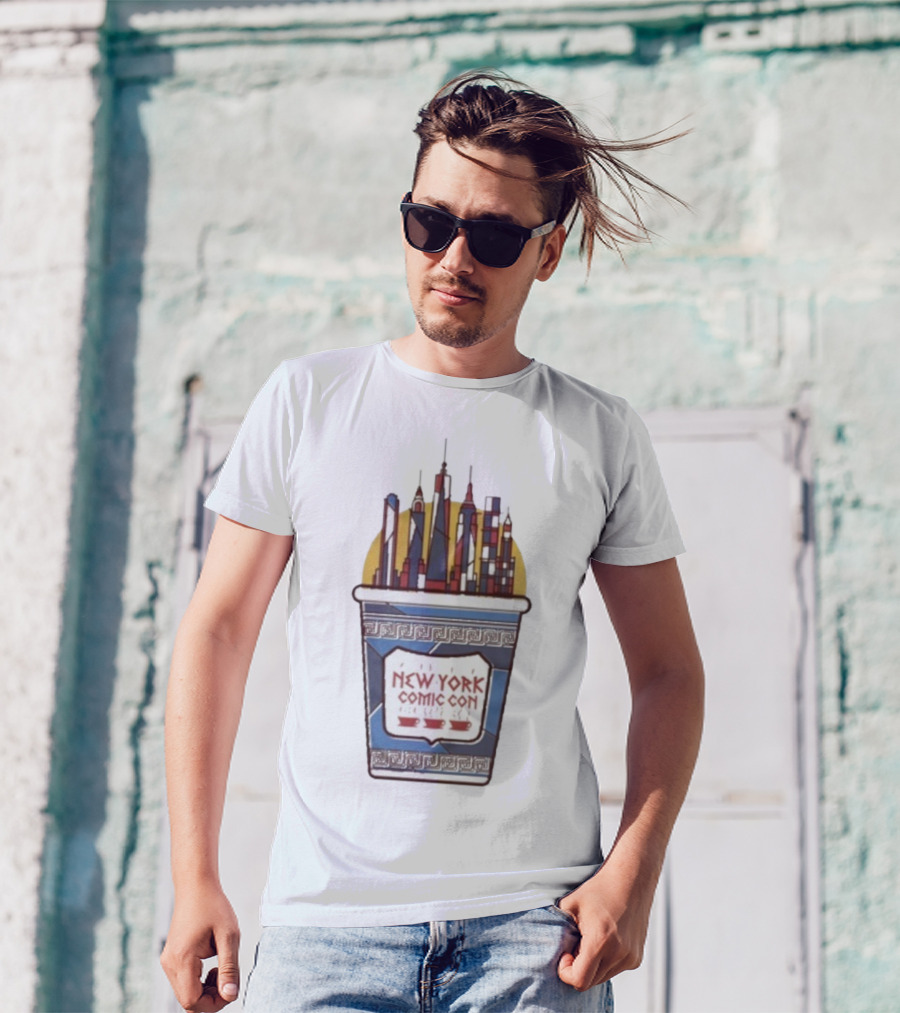 New York Comic Con 2025 Coffee Cup Skyline Tower Design T-Shirt