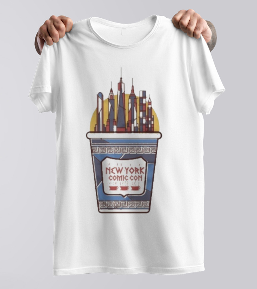 New York Comic Con 2025 Coffee Cup Skyline Tower Design T-Shirt