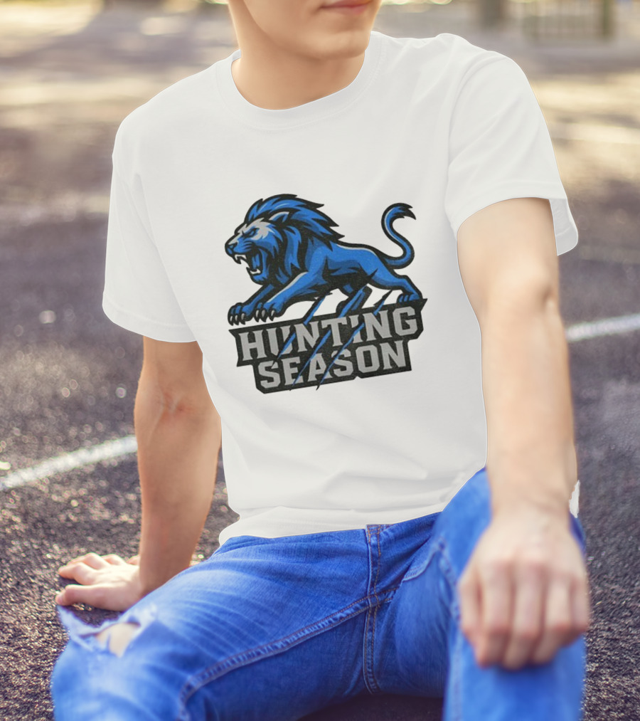 Detroit Lions Hunting Season Roaring Blue Lion NFL Fan Gear T-Shirt