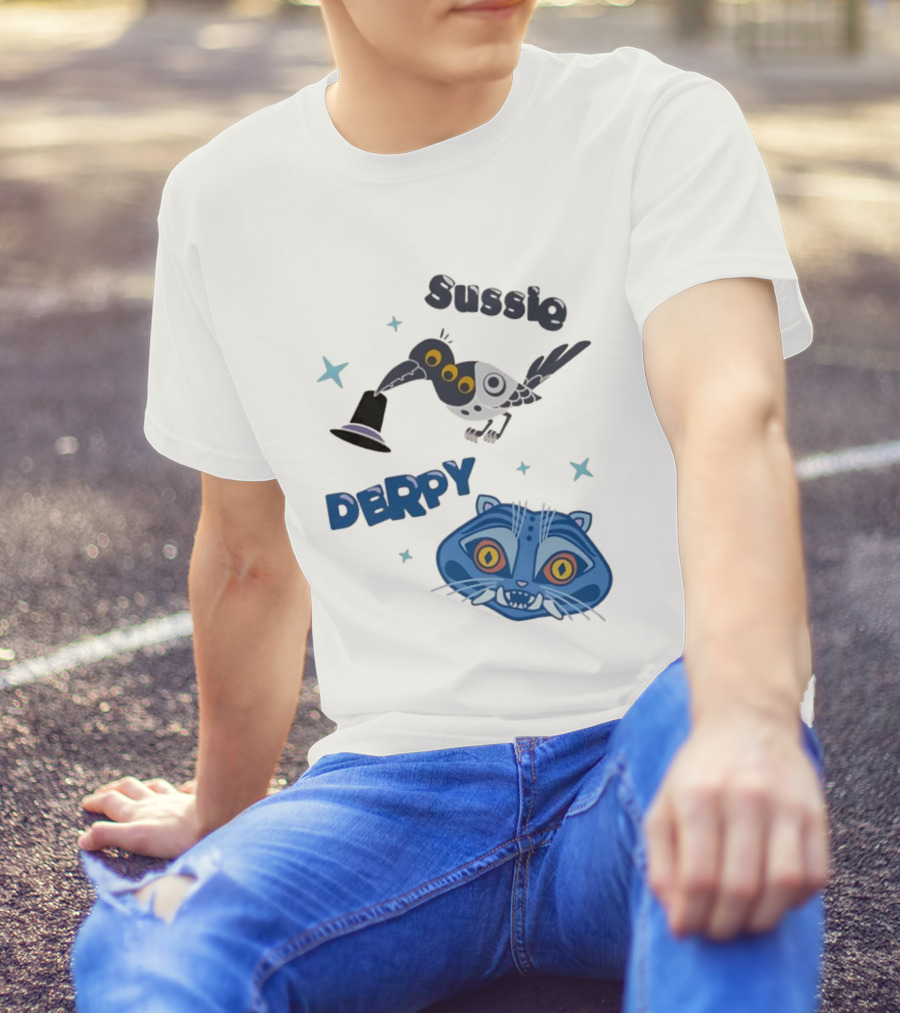 Sussie Derpy Cartoon Bird And Tiger Characters With Stars KPop Demon Hunters T-Shirt