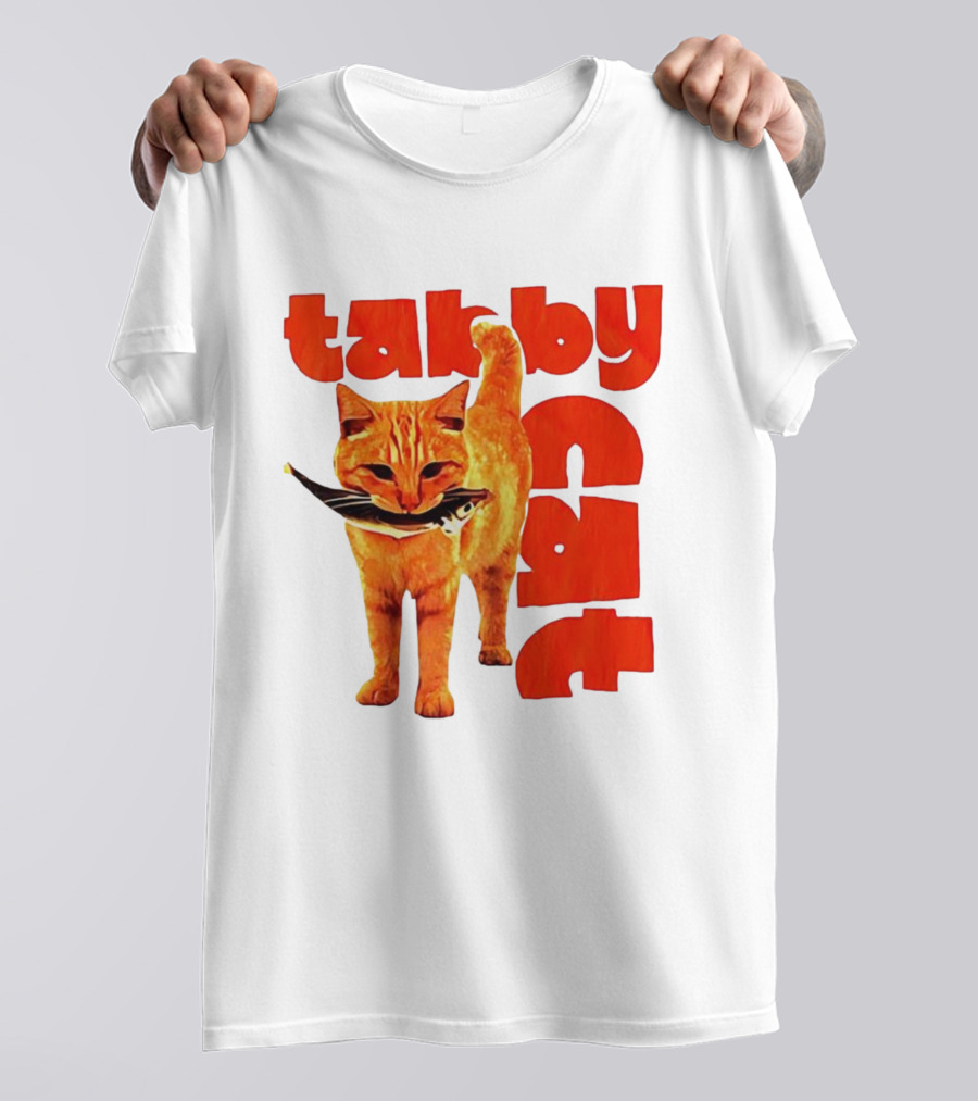 Tabby Cat Holding Fish Meme Retro Font T-Shirt