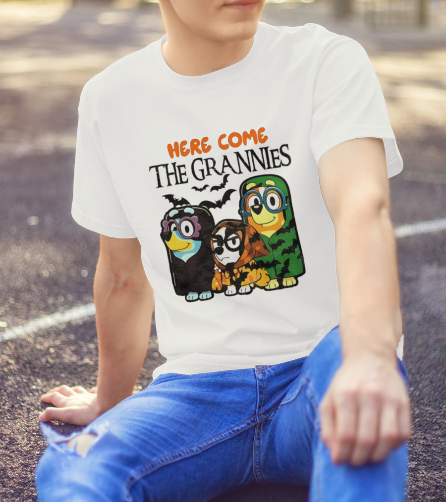 Here Come The Grannies Halloween Blue Dog Characters In Costumes T-Shirt