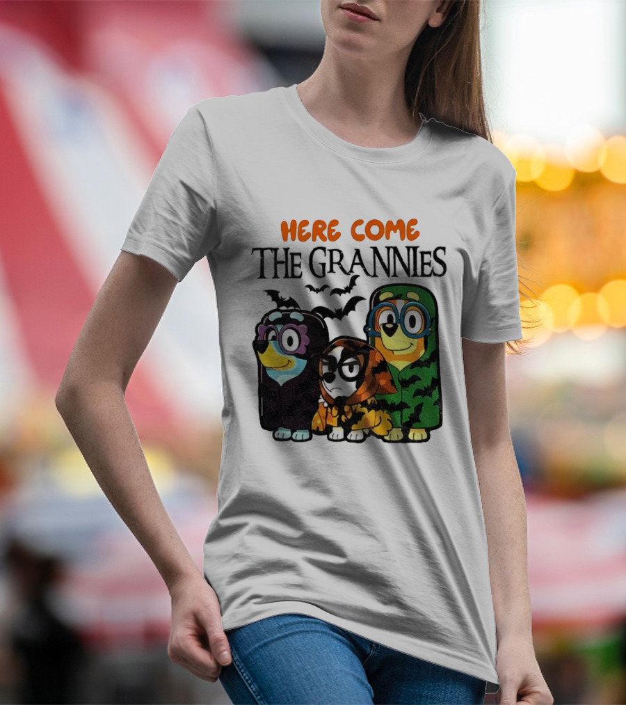 Here Come The Grannies Halloween Blue Dog Characters In Costumes T-Shirt
