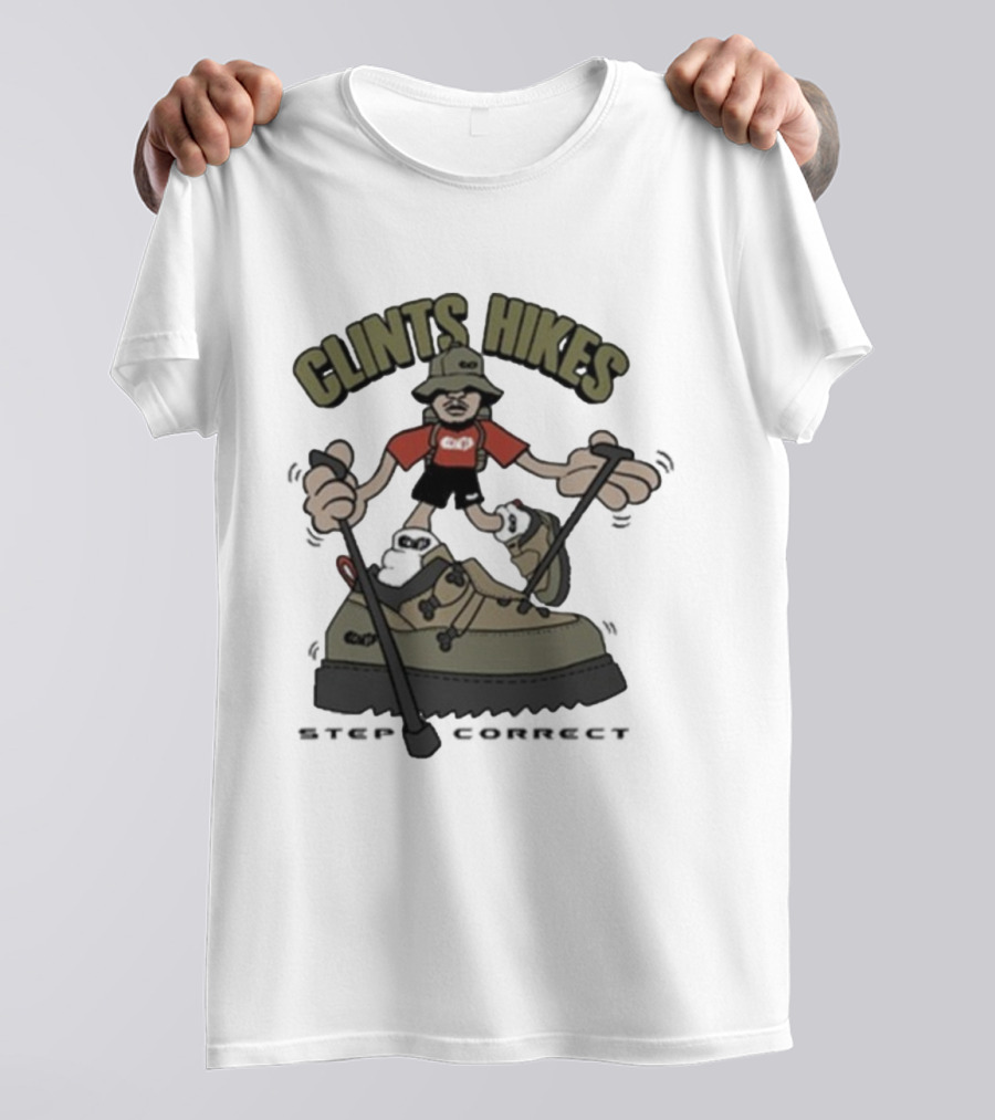 CLINTS HIKES Cartoon Hiker With Walking Sticks And Boots T-Shirt