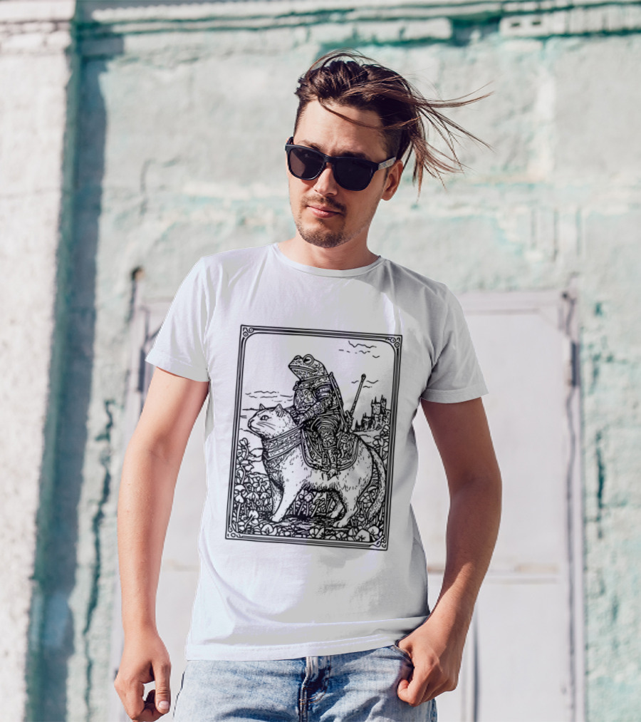 Medieval Frog Knight Riding A Cat In Armor Scene T-Shirt