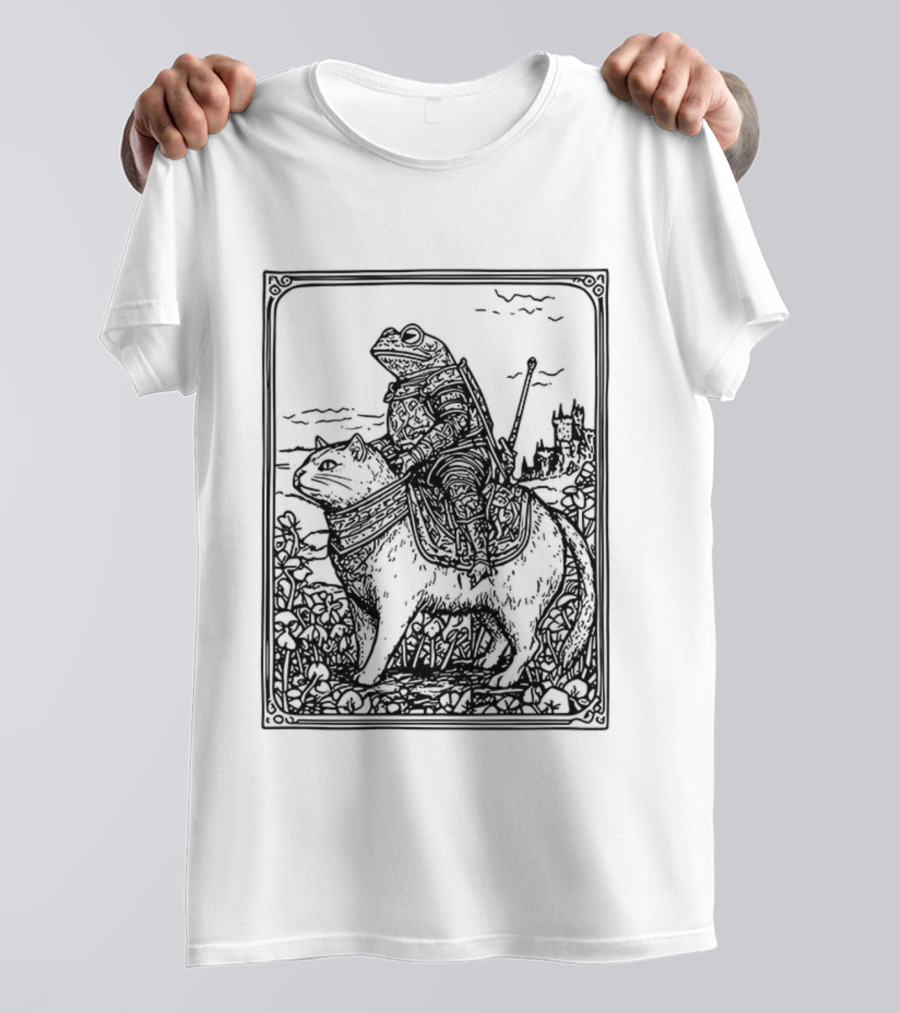 Medieval Frog Knight Riding A Cat In Armor Scene T-Shirt