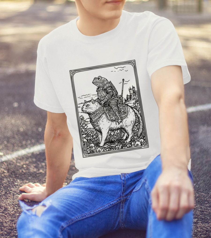Medieval Frog Knight Riding A Cat In Armor Scene T-Shirt