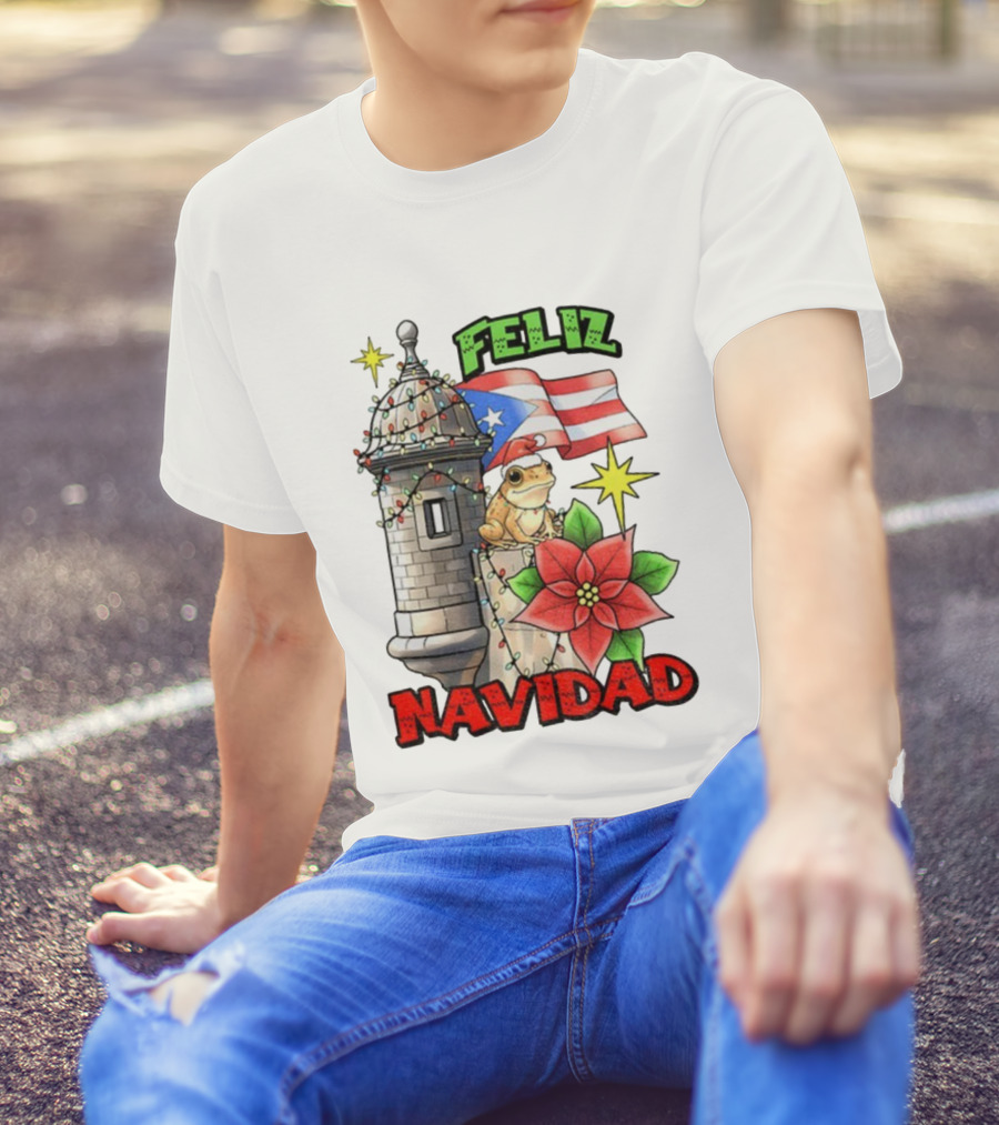 Puerto Rican Christmas Coqui Feliz Navidad Flag Poinsettia Lights T-Shirt