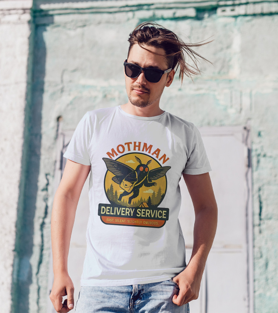 Mothman Delivery Service Fast Silent Slightly Ominous Retro Forest Imagery T-Shirt
