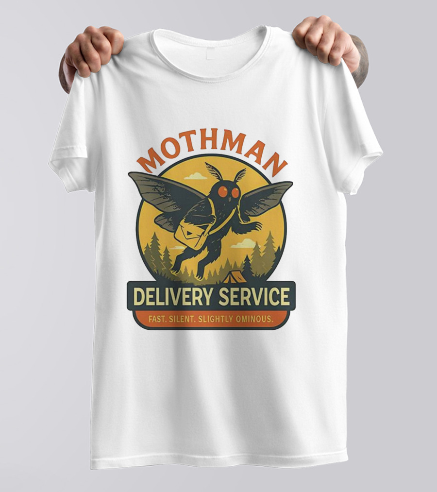 Mothman Delivery Service Fast Silent Slightly Ominous Retro Forest Imagery T-Shirt
