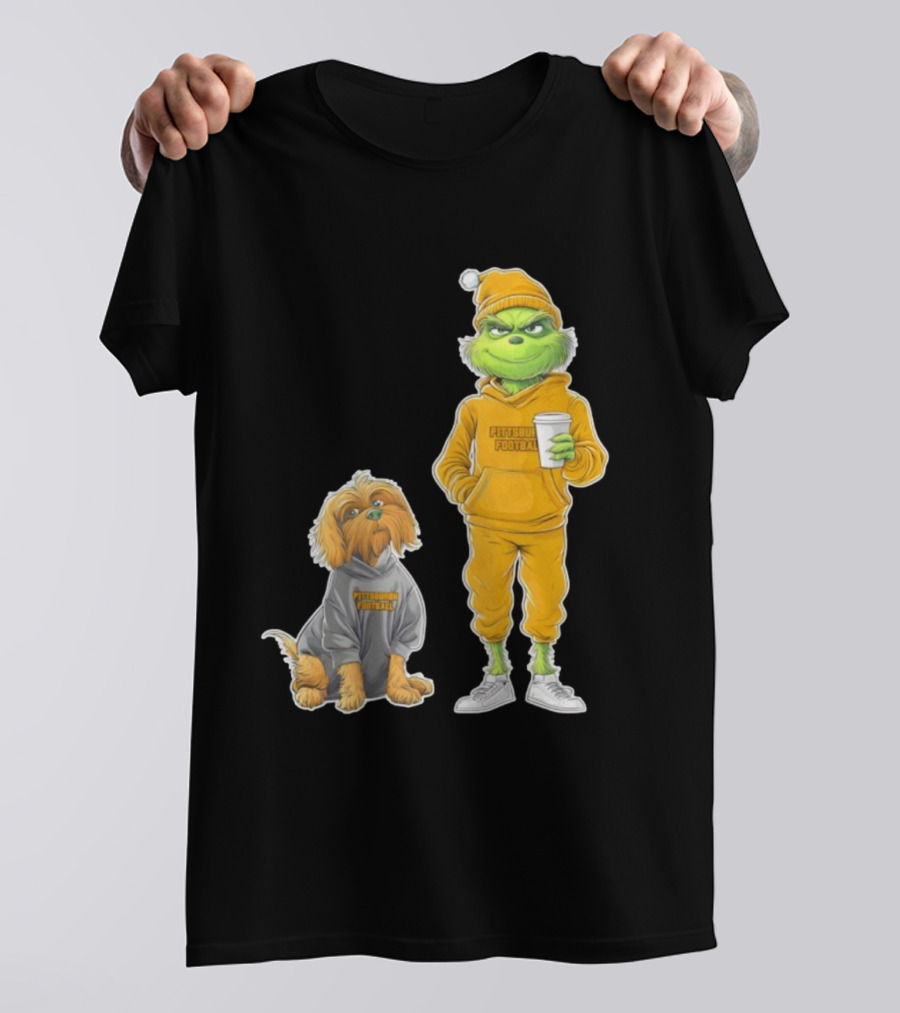 Pittsburgh Football Green Monster Grinch And Dog Christmas T-Shirt