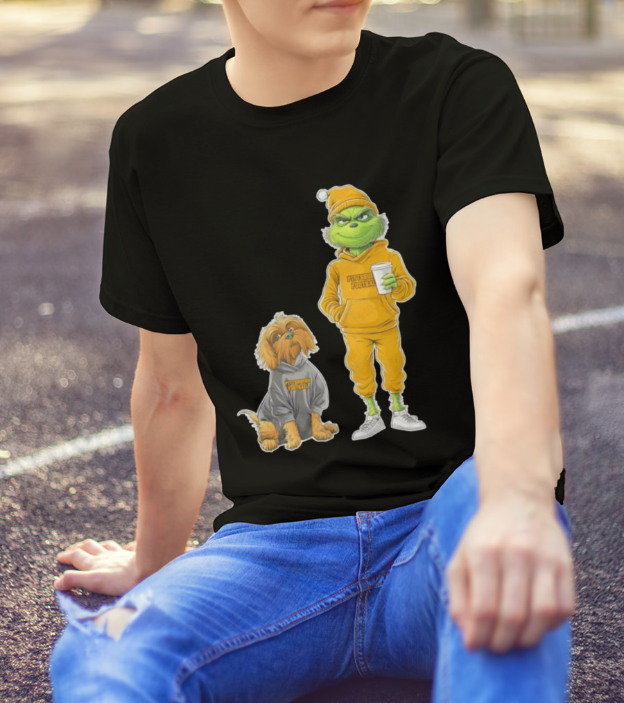 Pittsburgh Football Green Monster Grinch And Dog Christmas T-Shirt