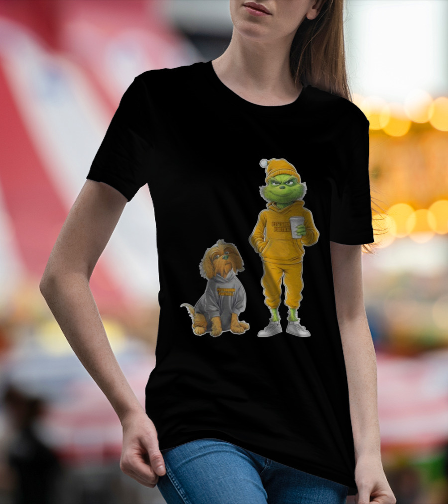 Pittsburgh Football Green Monster Grinch And Dog Christmas T-Shirt