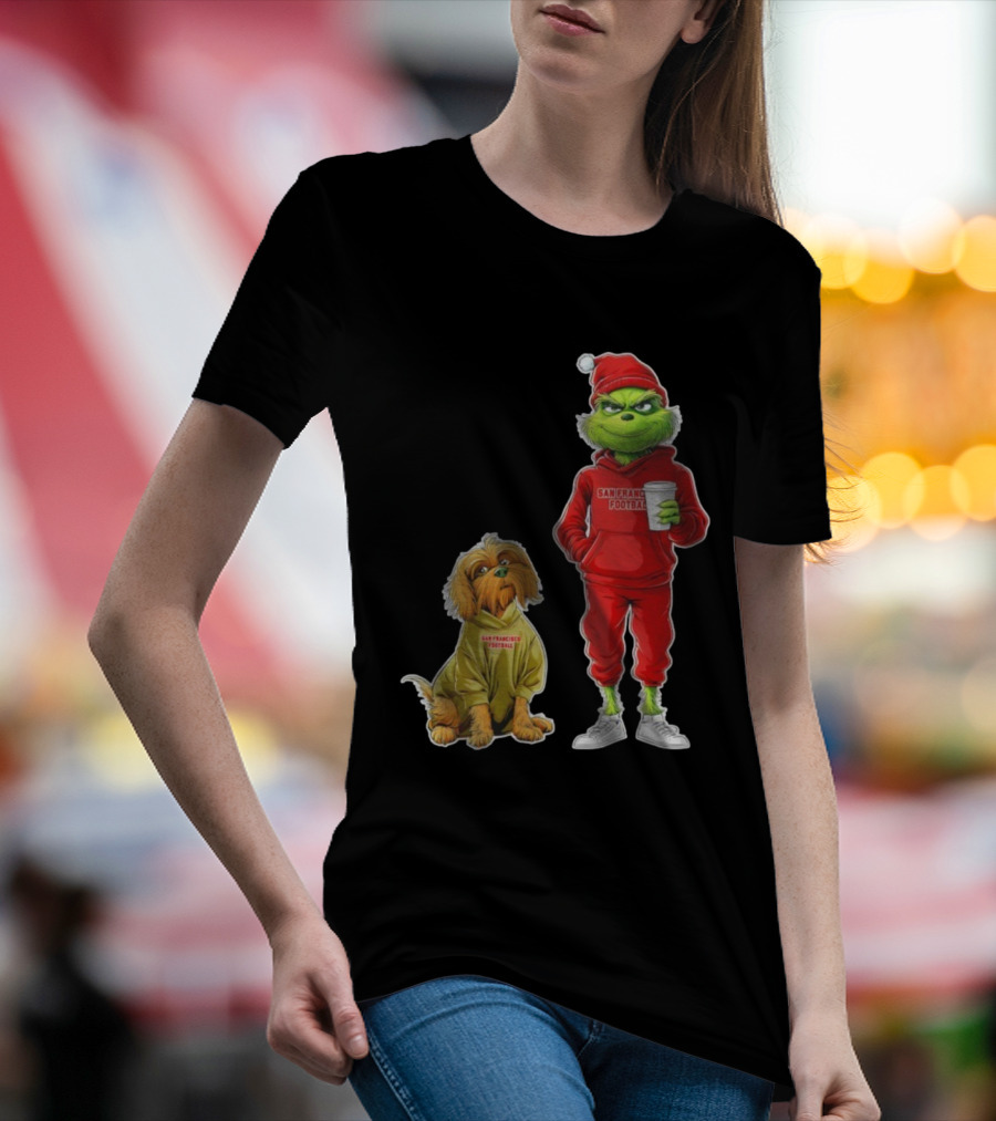 San Francisco Football Grinch And Dog Christmas 49ers Holiday T-Shirt