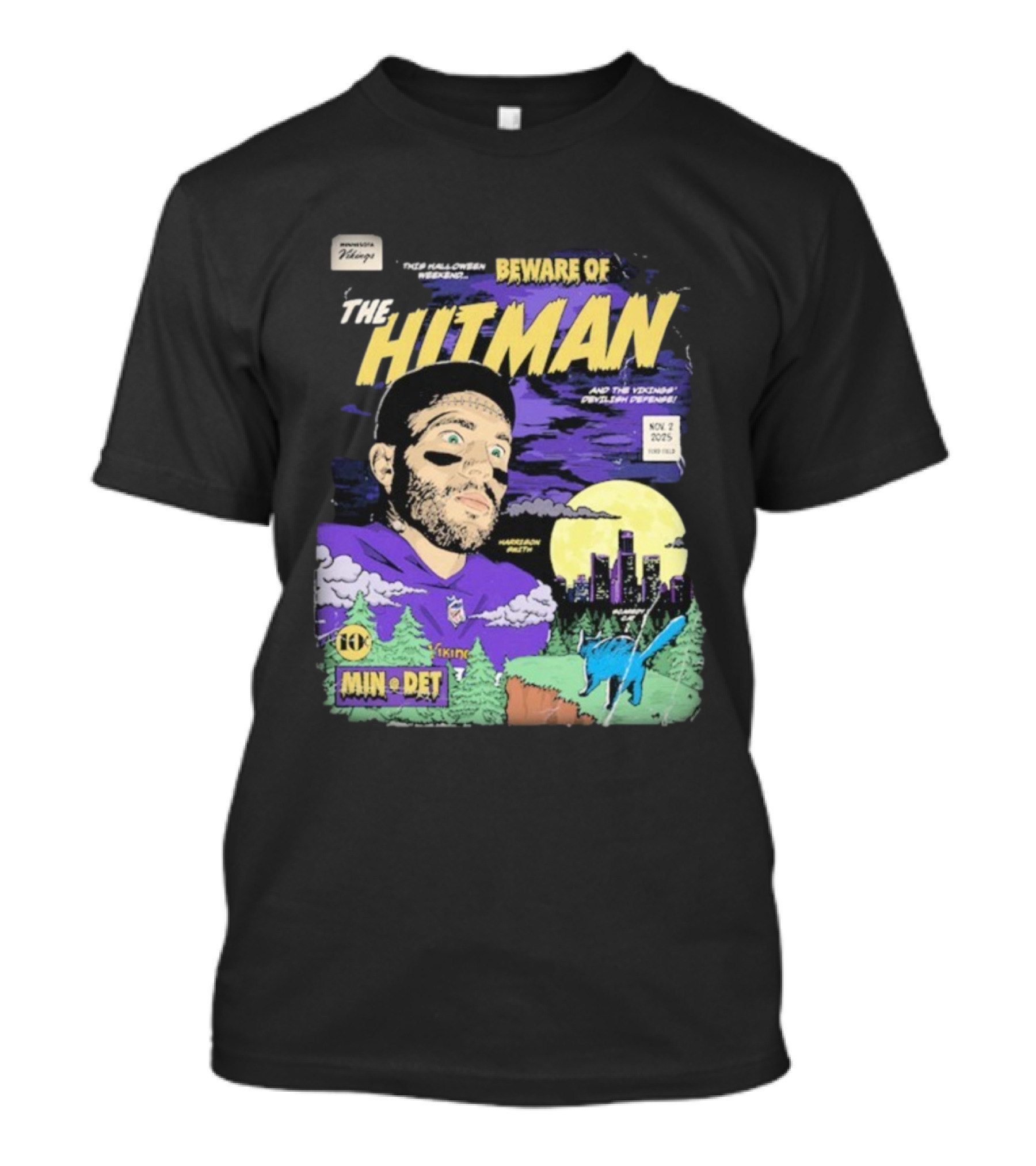 Minnesota Vikings Vs Detroit Lions Beware Of The Hitman NFL November 2 2025 Halloween Matchup Harrison Smith Vikings Defense Ford Field T-Shirt