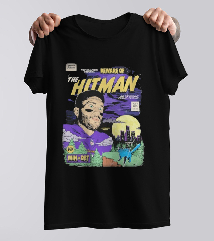 Minnesota Vikings Vs Detroit Lions Beware Of The Hitman NFL November 2 2025 Halloween Matchup Harrison Smith Vikings Defense Ford Field T-Shirt