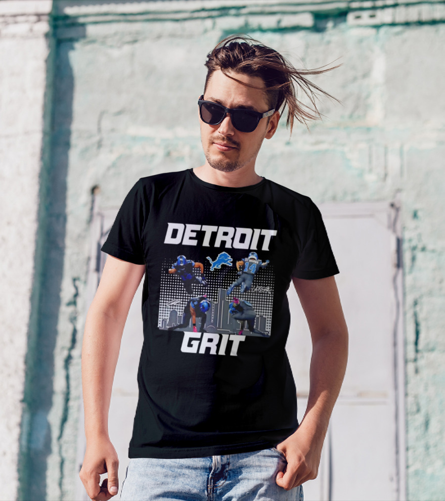 Detroit Grit Super Heroes Lions Skyline Football签名 T-Shirt