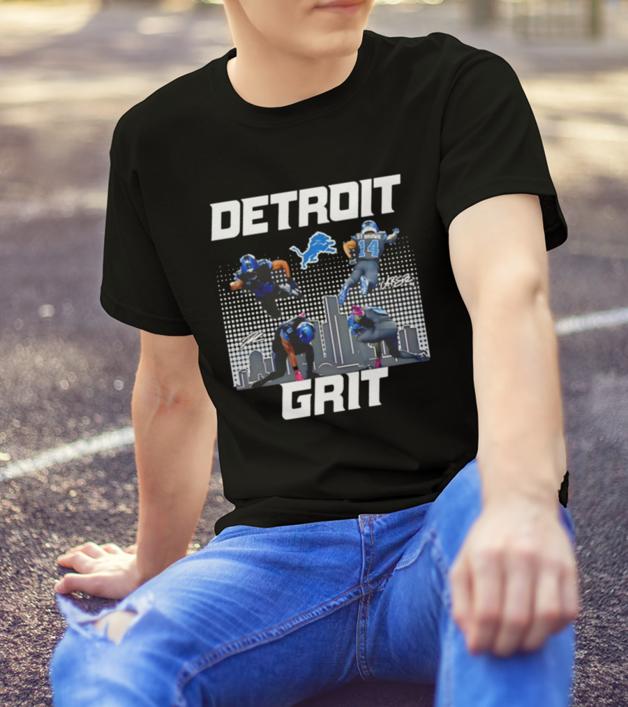 Detroit Grit Super Heroes Lions Skyline Football签名 T-Shirt