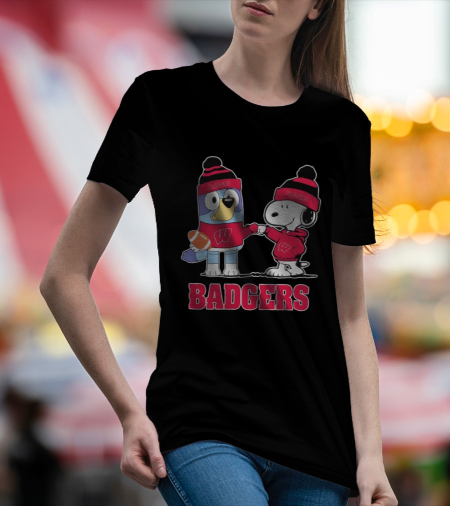 Snoopy Bluey Wisconsin Badgers Football Collaboration Fist Bump T-Shirt