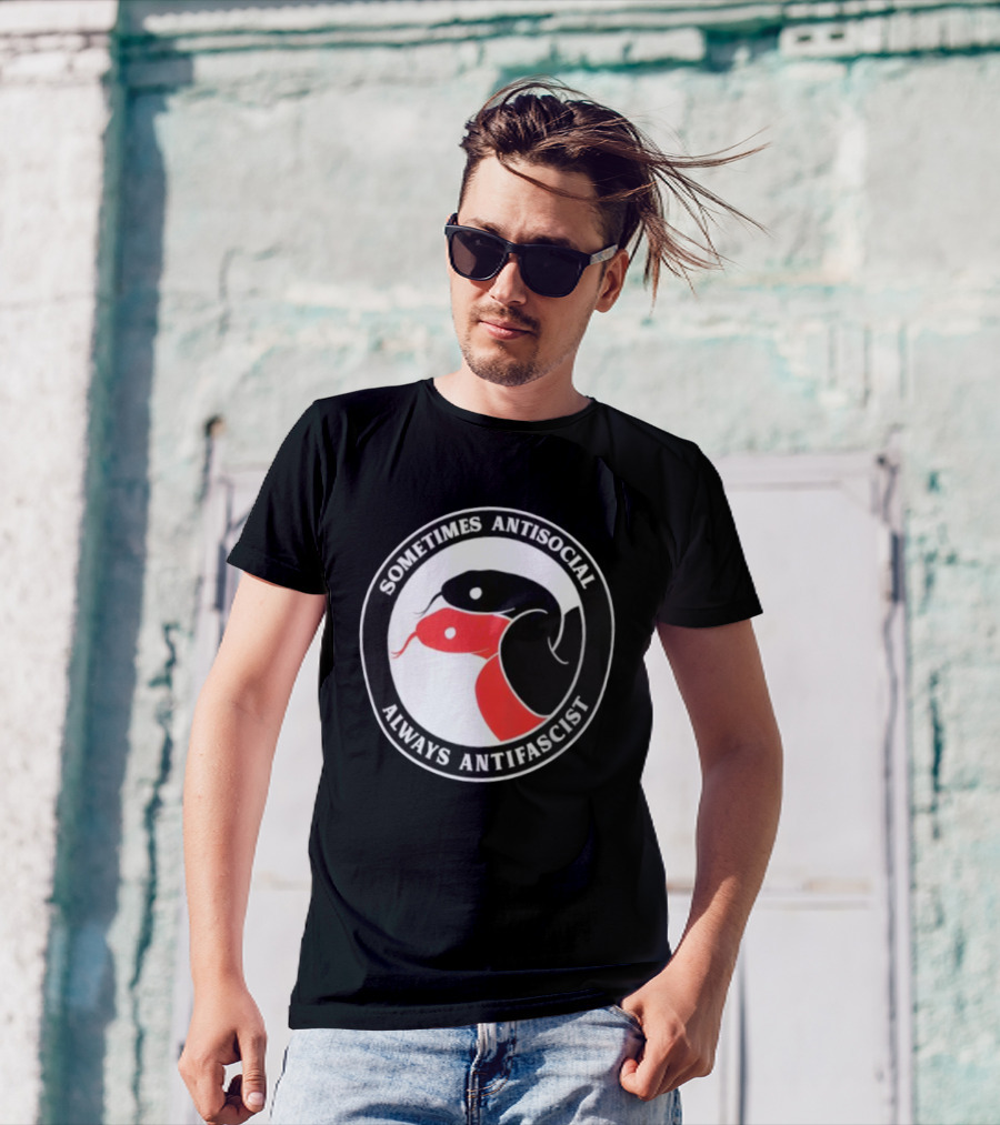 Sometimes Antisocial Always Antifascist Snakes Circle Logo Two Snakes Black And Red T-Shirt